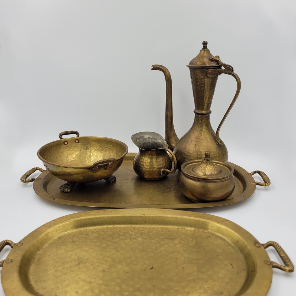 Antique Russian Hammered Copper Tea/Coffee Set with Brass Handles  