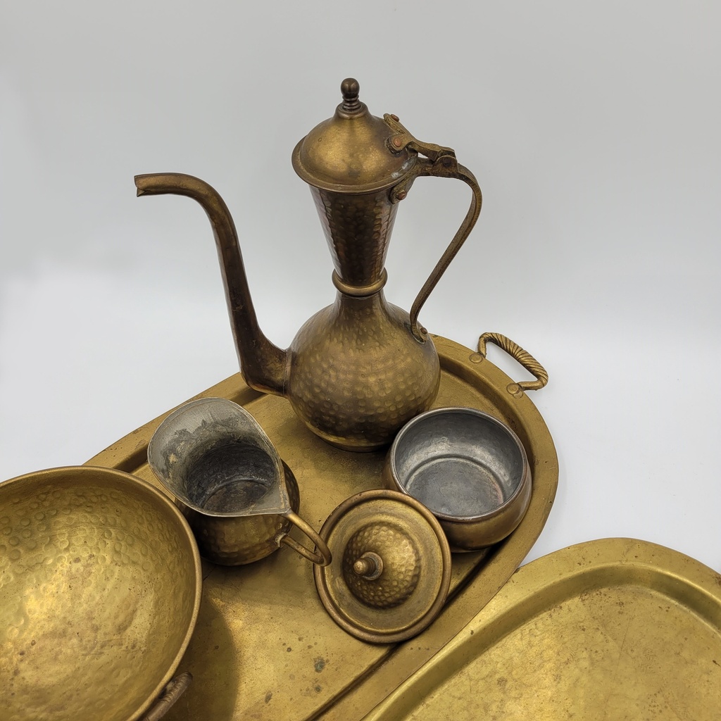 Antique Russian Hammered Copper Tea/Coffee Set with Brass Handles  